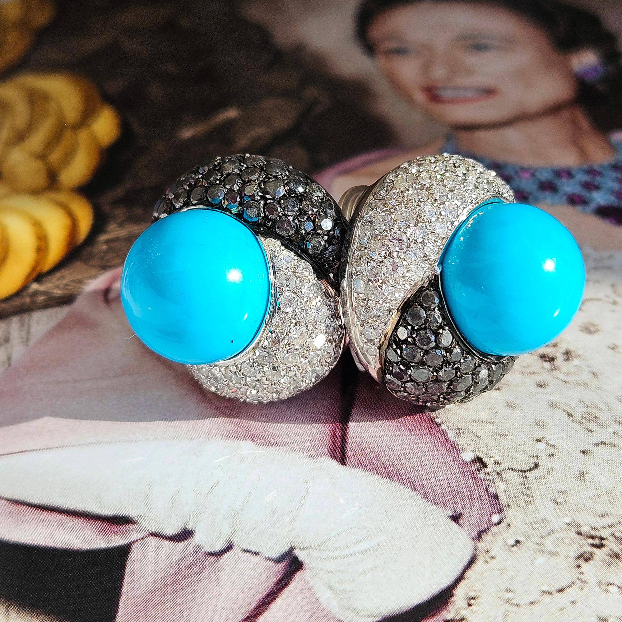Craig Drake 18k White Gold Turquoise 7.40ct White & Black Diamond Earrings Clips For Sale 4