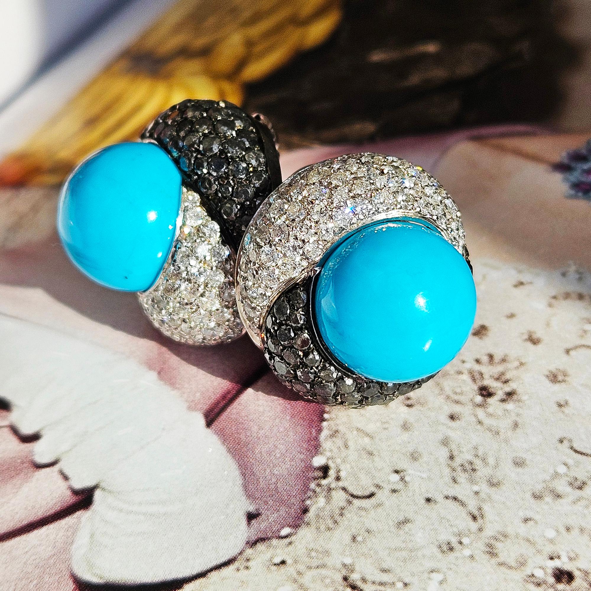 Craig Drake 18k White Gold Turquoise 7.40ct White & Black Diamond Earrings Clips For Sale 5