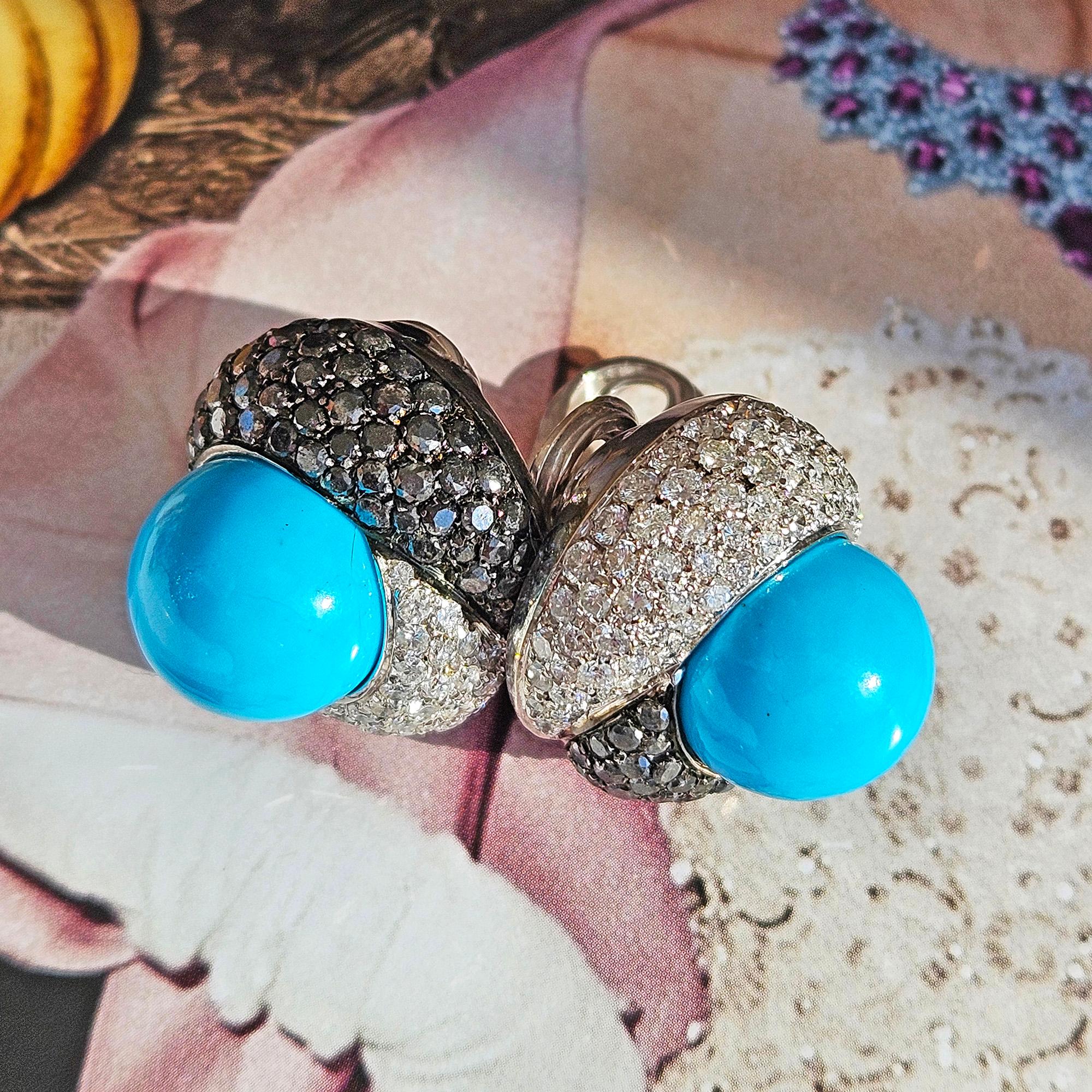 Craig Drake 18k White Gold Turquoise 7.40ct White & Black Diamond Earrings Clips For Sale 6