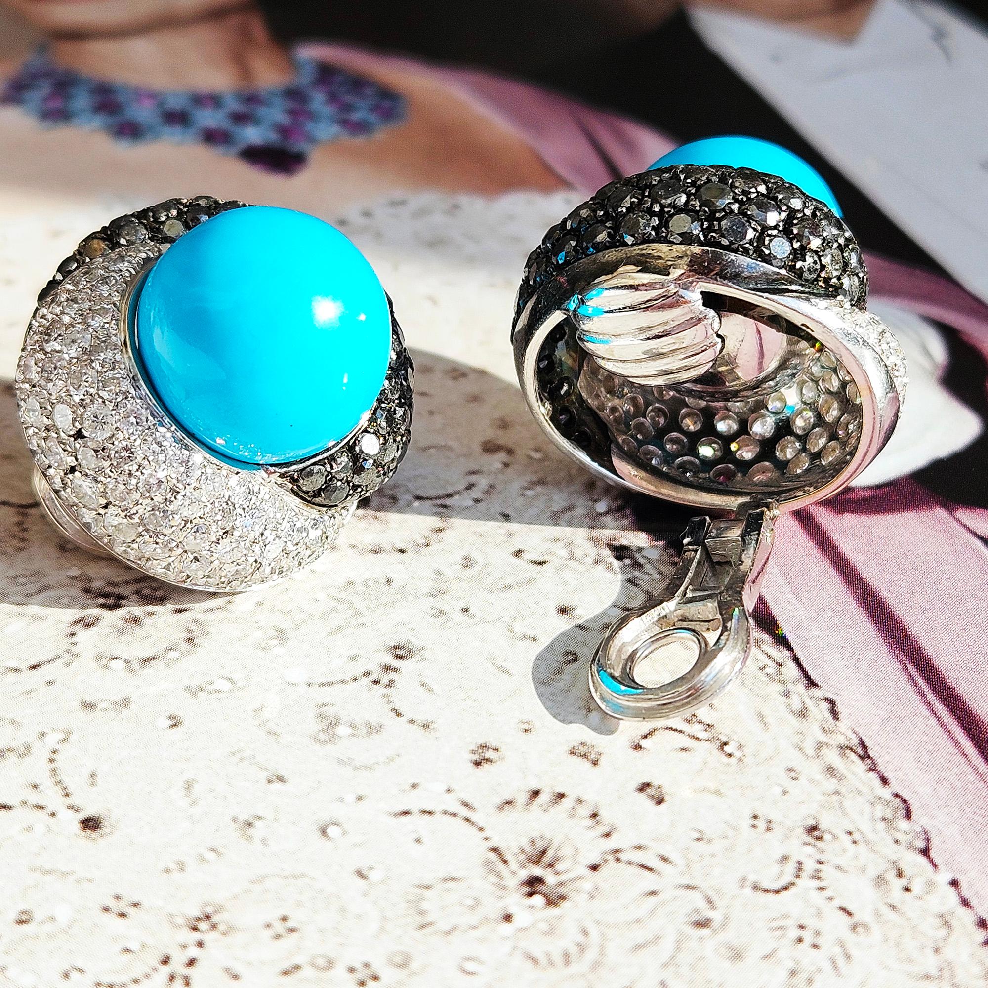 Craig Drake 18k White Gold Turquoise 7.40ct White & Black Diamond Earrings Clips For Sale 7