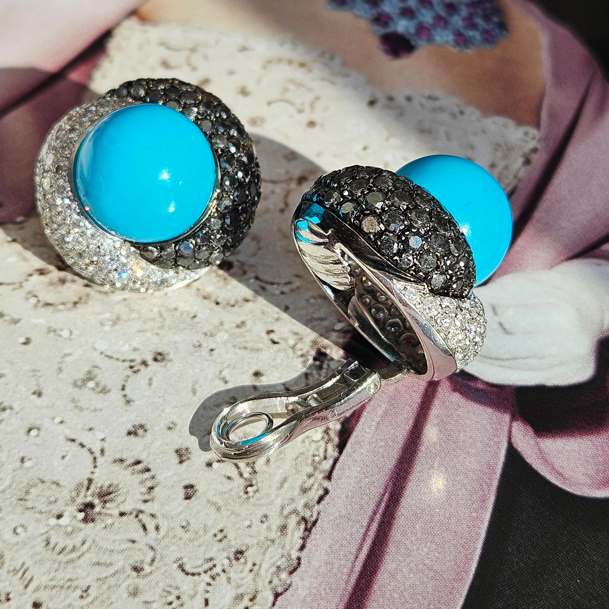 Craig Drake 18k White Gold Turquoise 7.40ct White & Black Diamond Earrings Clips For Sale 8