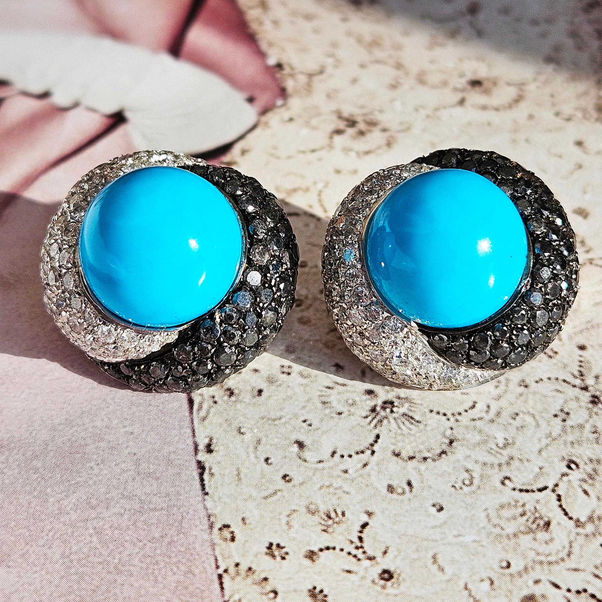 Craig Drake 18k White Gold Turquoise 7.40ct White & Black Diamond Earrings Clips For Sale 9