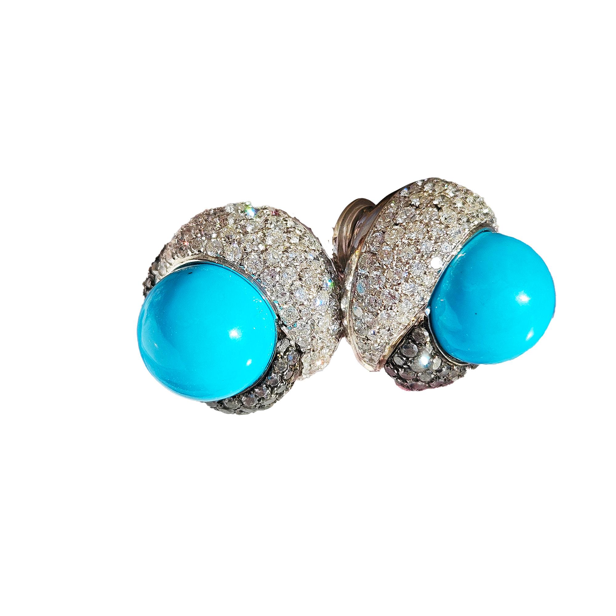 Craig Drake 18k White Gold Turquoise 7.40ct White & Black Diamond Earrings Clips For Sale 13