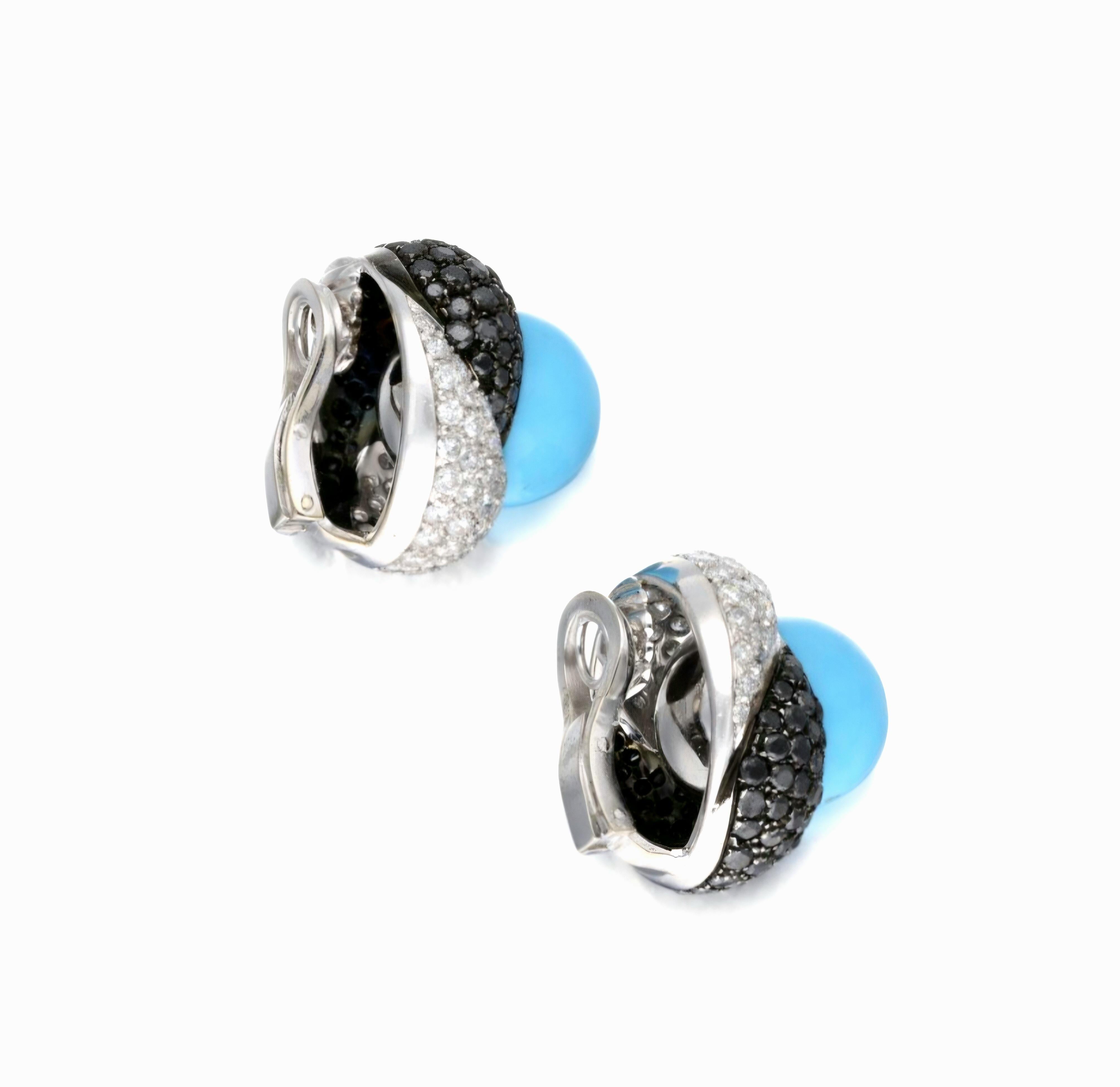 Modern Craig Drake 18k White Gold Turquoise 7.40ct White & Black Diamond Earrings Clips For Sale