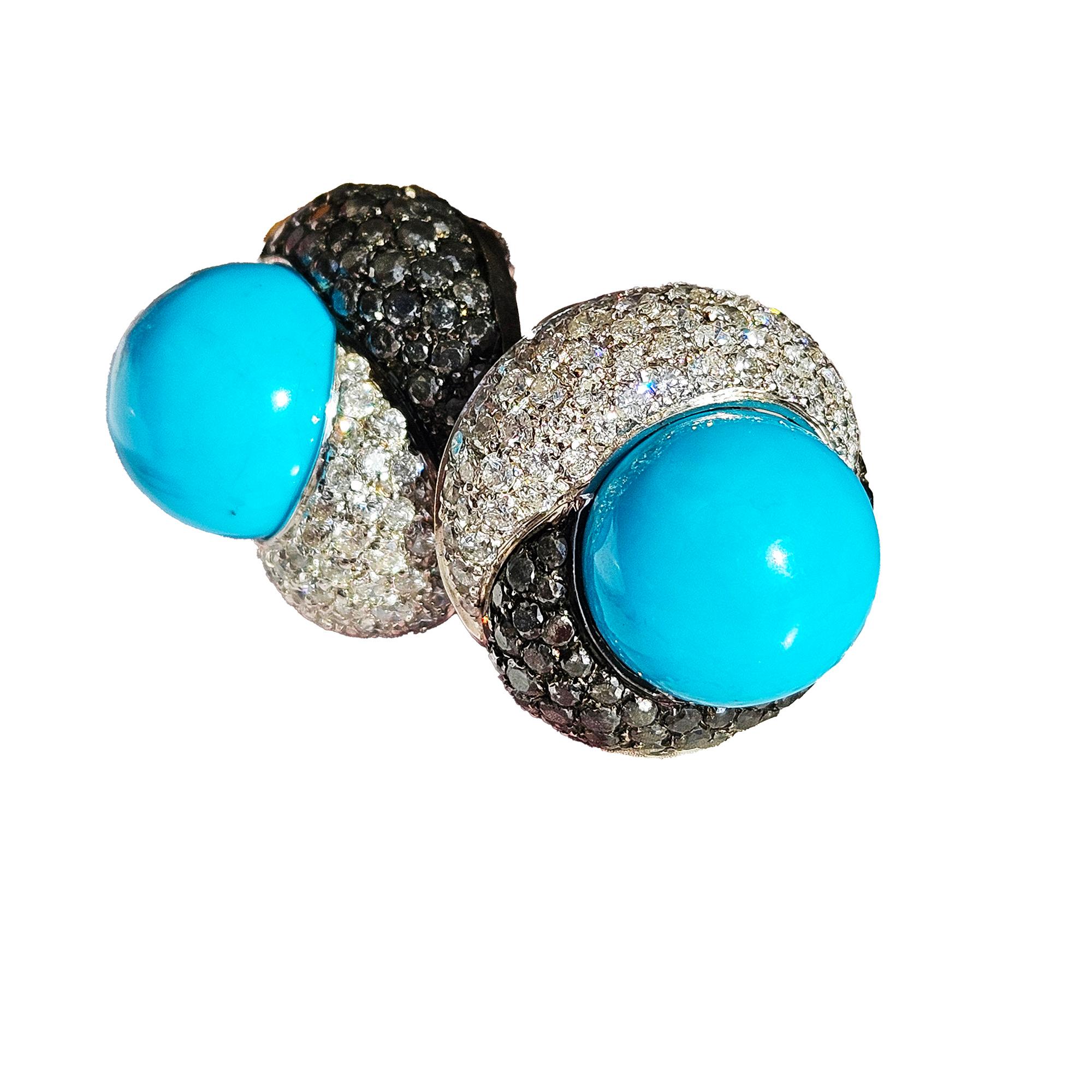 Craig Drake 18k White Gold Turquoise 7.40ct White & Black Diamond Earrings Clips For Sale 14