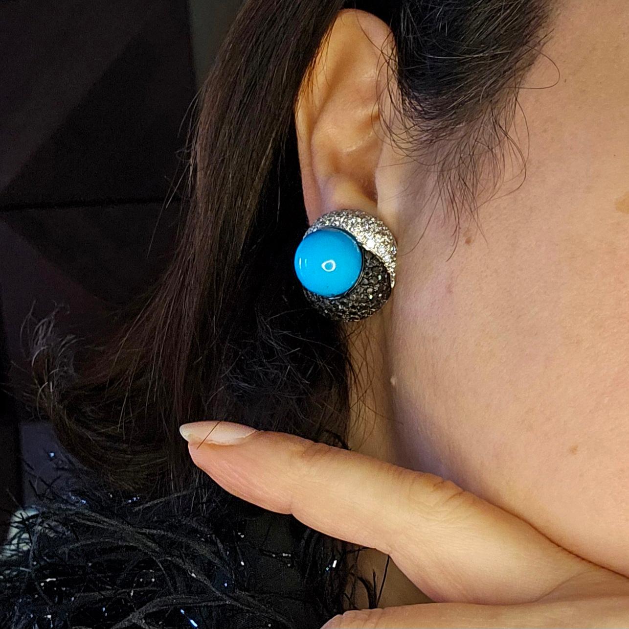 Craig Drake 18k White Gold Turquoise 7.40ct White & Black Diamond Earrings Clips In Good Condition For Sale In New York, NY