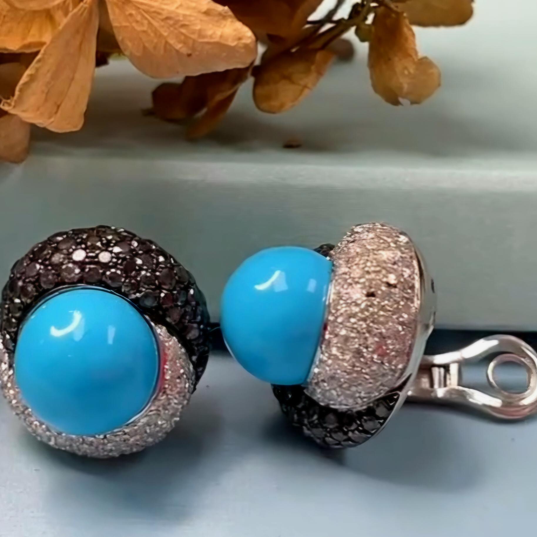 Craig Drake 18k White Gold Turquoise 7.40ct White & Black Diamond Earrings Clips For Sale 10