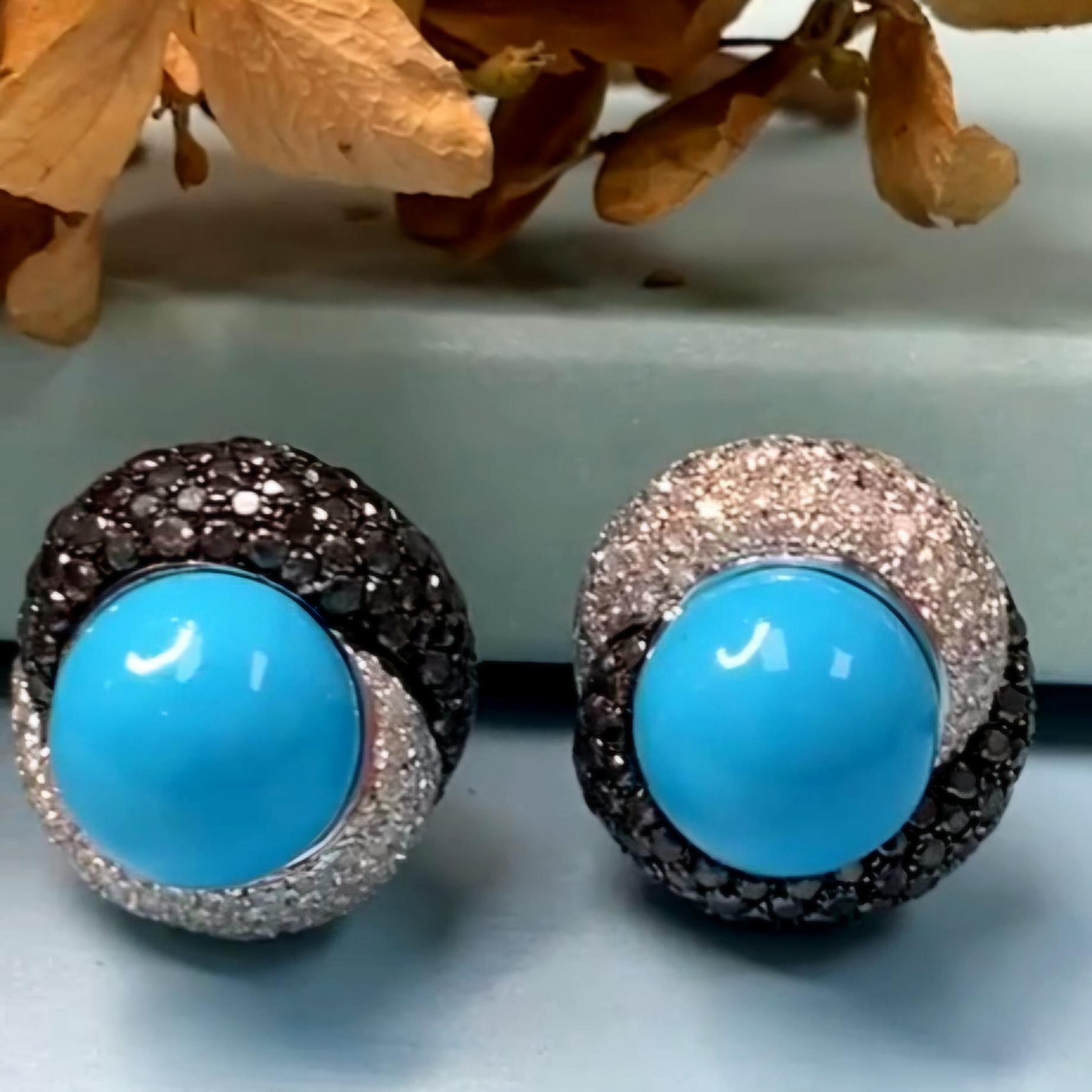 Craig Drake 18k White Gold Turquoise 7.40ct White & Black Diamond Earrings Clips For Sale 11