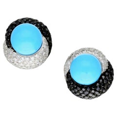 Craig Drake Clips d'oreilles en or blanc 18 carats avec turquoise 7,40 carats et diamants blancs et noirs