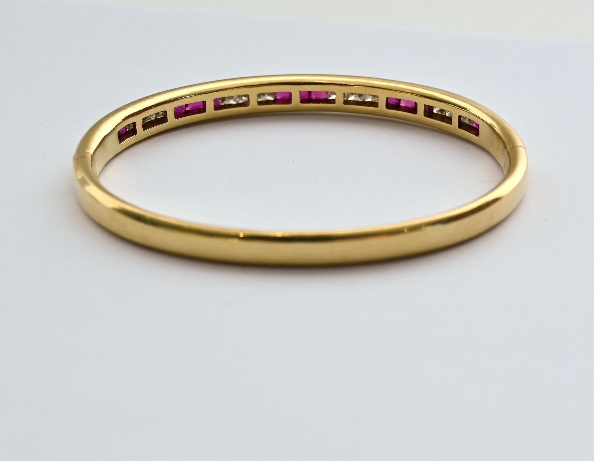 Square Cut Craig Drake Diamond and Ruby Hinged Bangle Bracelet For Sale