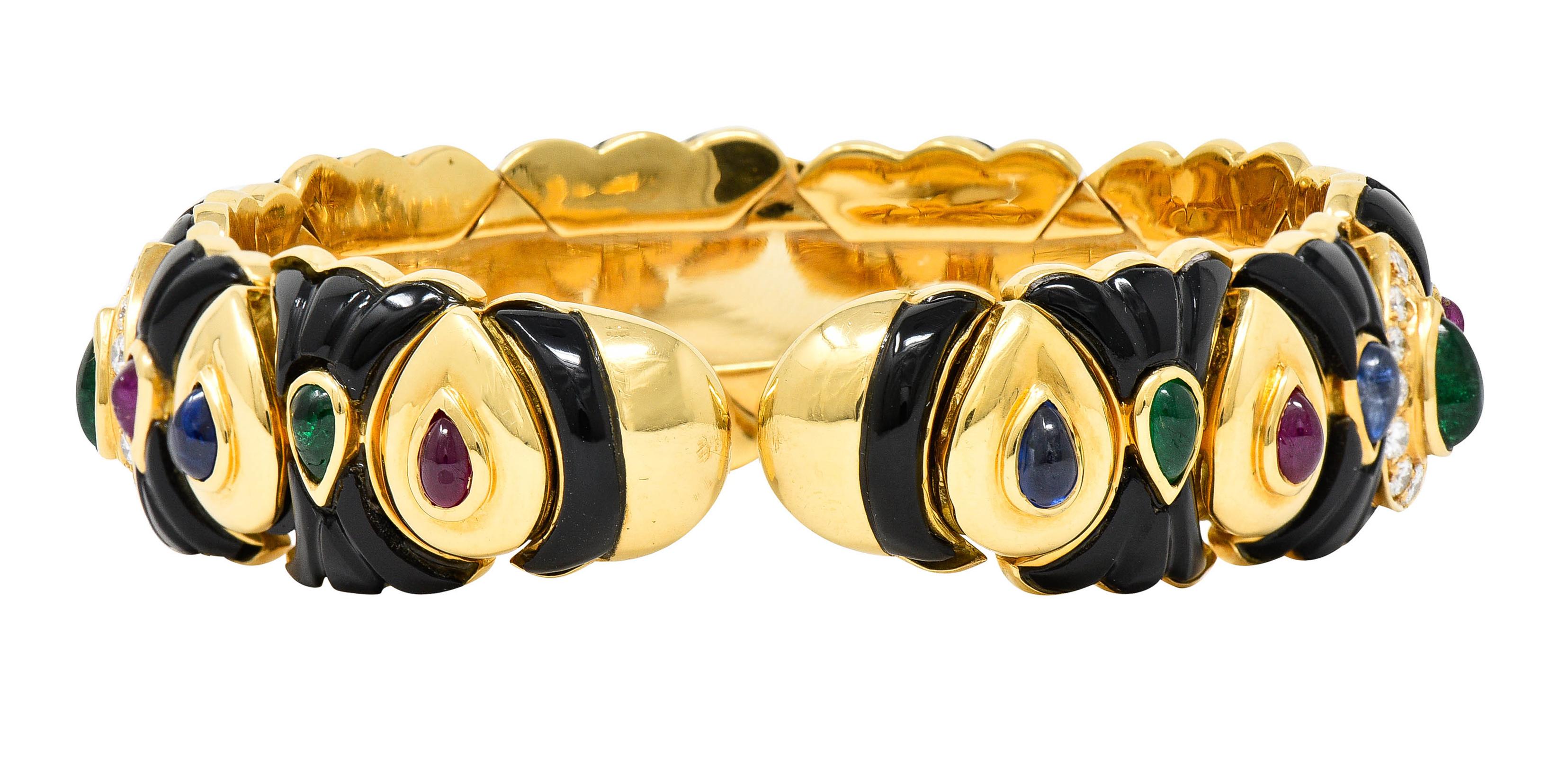 Craig Drake Diamond Ruby Emerald Sapphire Onyx 18 Karat Gold Cuff Bracelet In Excellent Condition In Philadelphia, PA