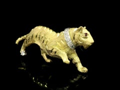 Craig Drake Gold & Platinum Diamond w/ Ruby Eye Detailed Siberian Tiger Brooch