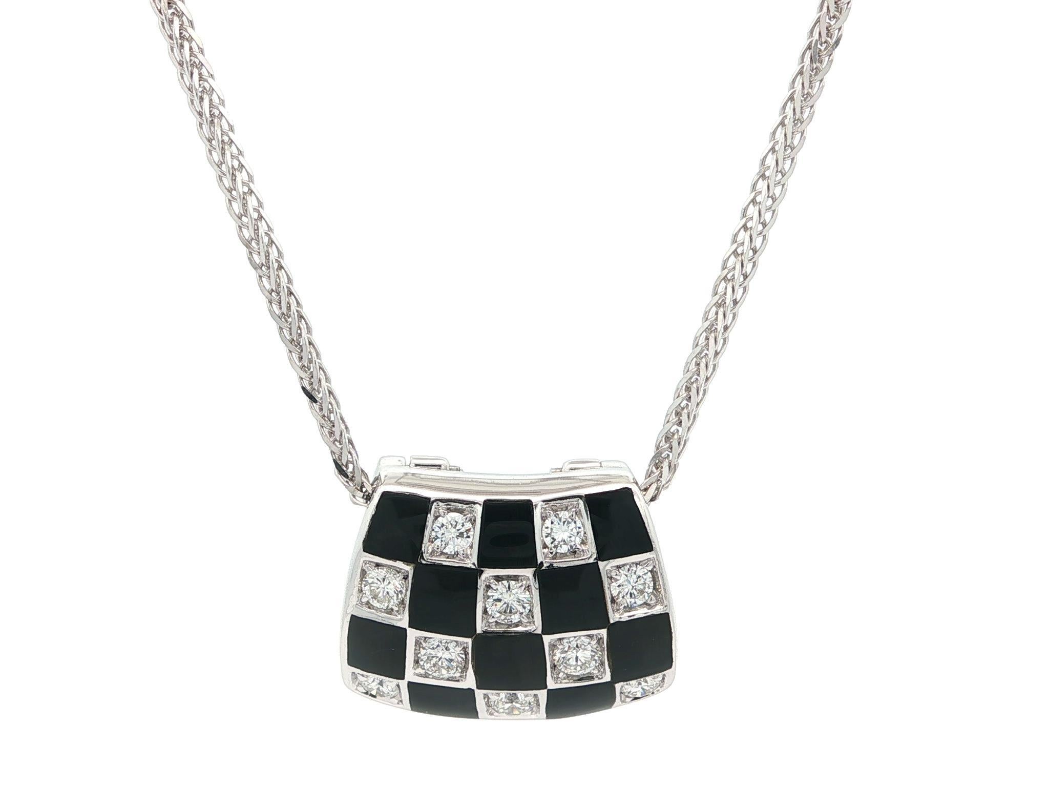 Brilliant Cut Craig Drake White Gold Black Onyx & Diamond Checkerboard Slide Pendant Necklace For Sale