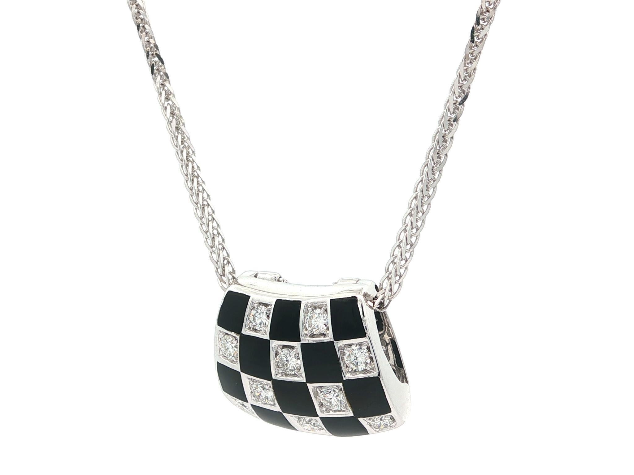 Women's Craig Drake White Gold Black Onyx & Diamond Checkerboard Slide Pendant Necklace For Sale