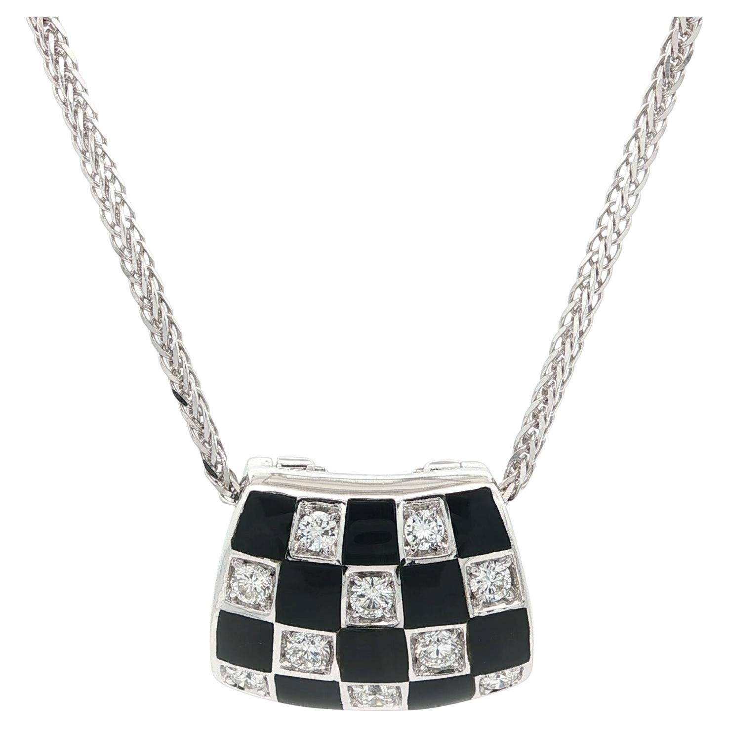 Craig Drake White Gold Black Onyx & Diamond Checkerboard Slide Pendant Necklace