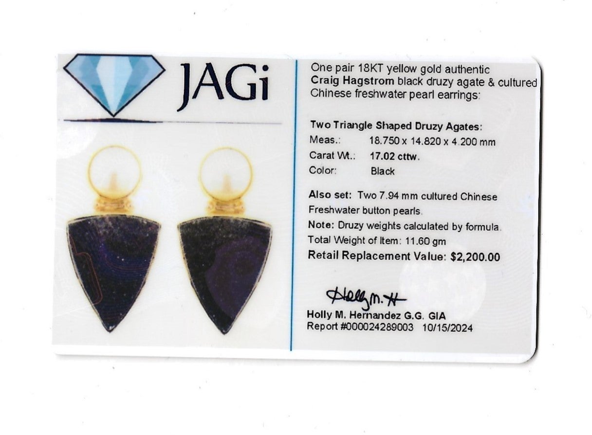 Craig Hagstrom Cultured Pearl and Black Druzy Agate Earrings in 18 Karat Gold For Sale 4