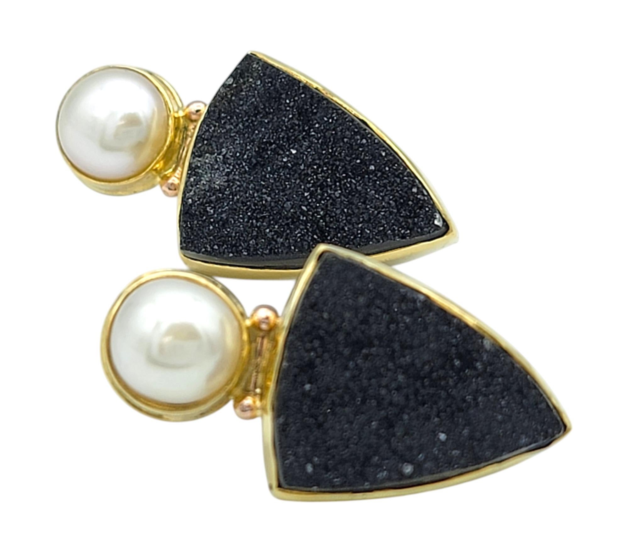 Contemporary Craig Hagstrom Cultured Pearl and Black Druzy Agate Earrings in 18 Karat Gold For Sale