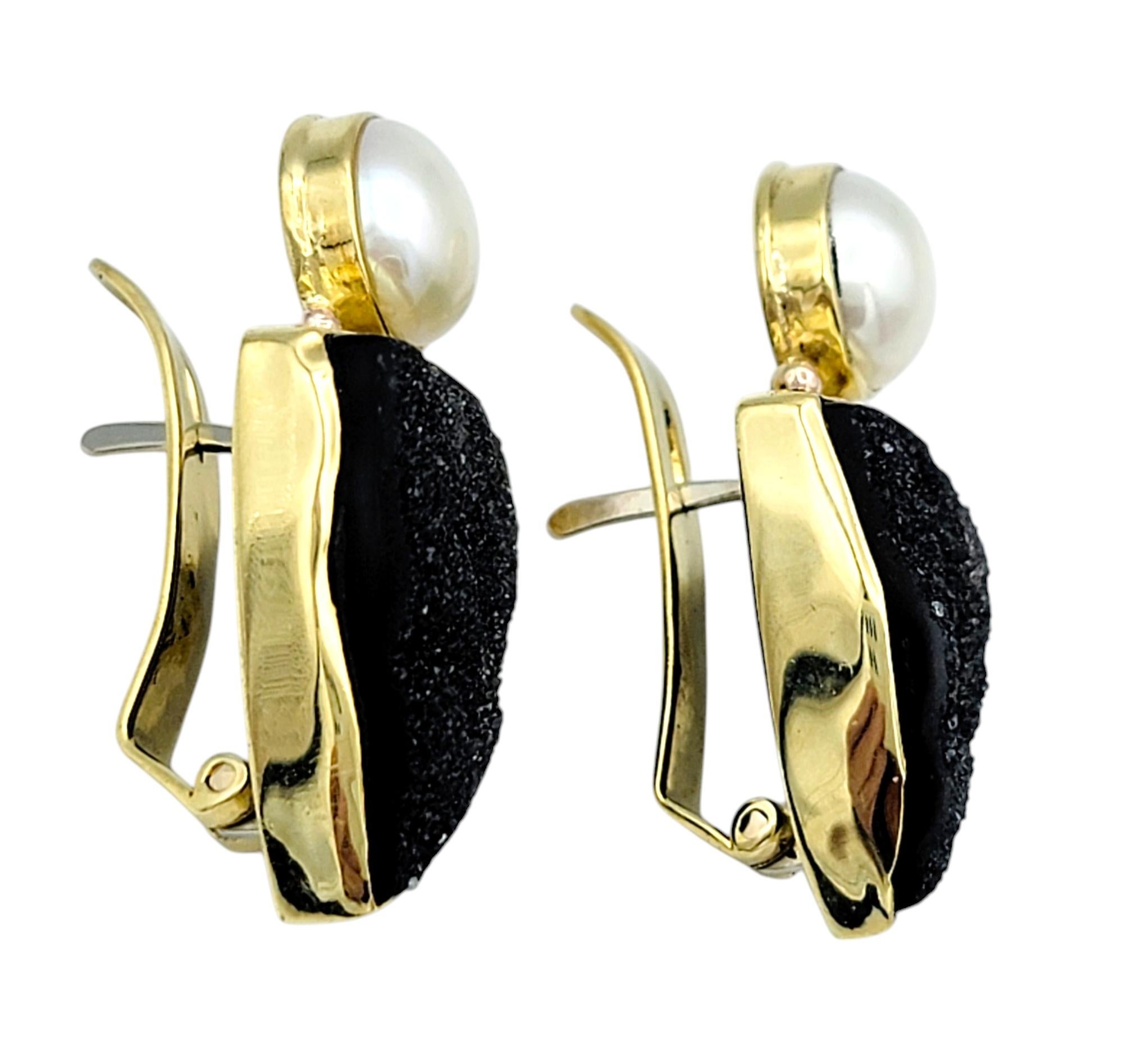 Round Cut Craig Hagstrom Cultured Pearl and Black Druzy Agate Earrings in 18 Karat Gold For Sale