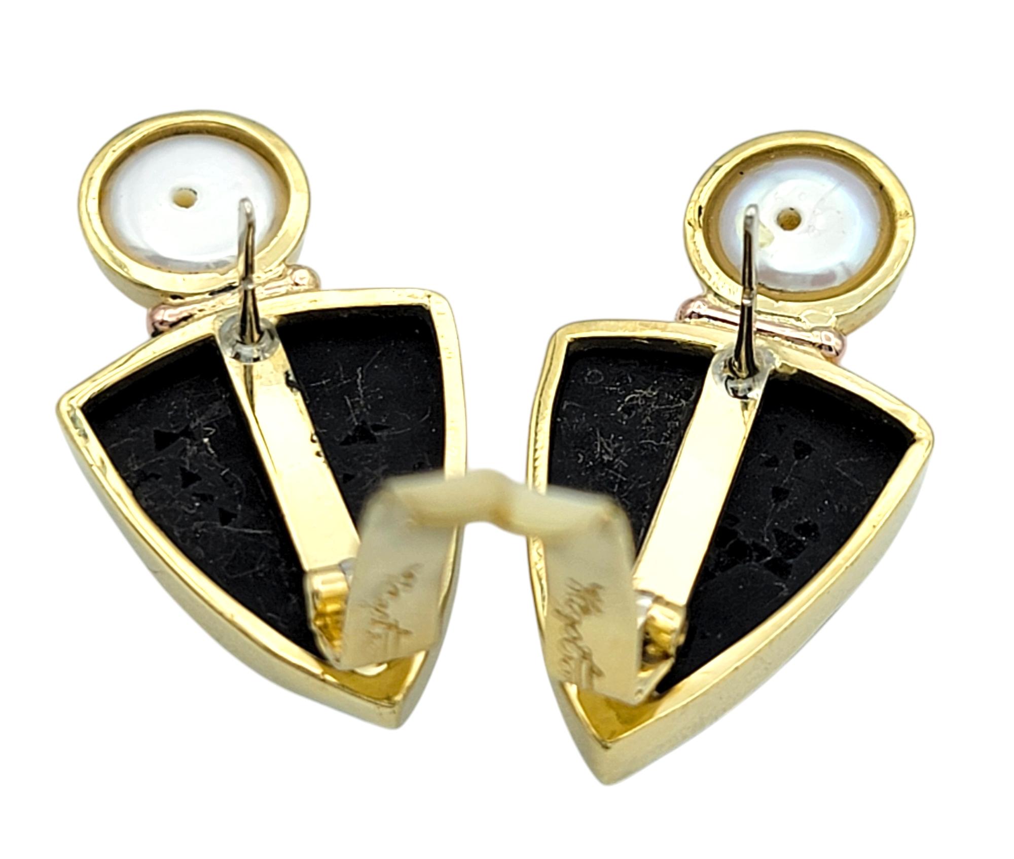 Craig Hagstrom Cultured Pearl and Black Druzy Agate Earrings in 18 Karat Gold In Good Condition For Sale In Scottsdale, AZ