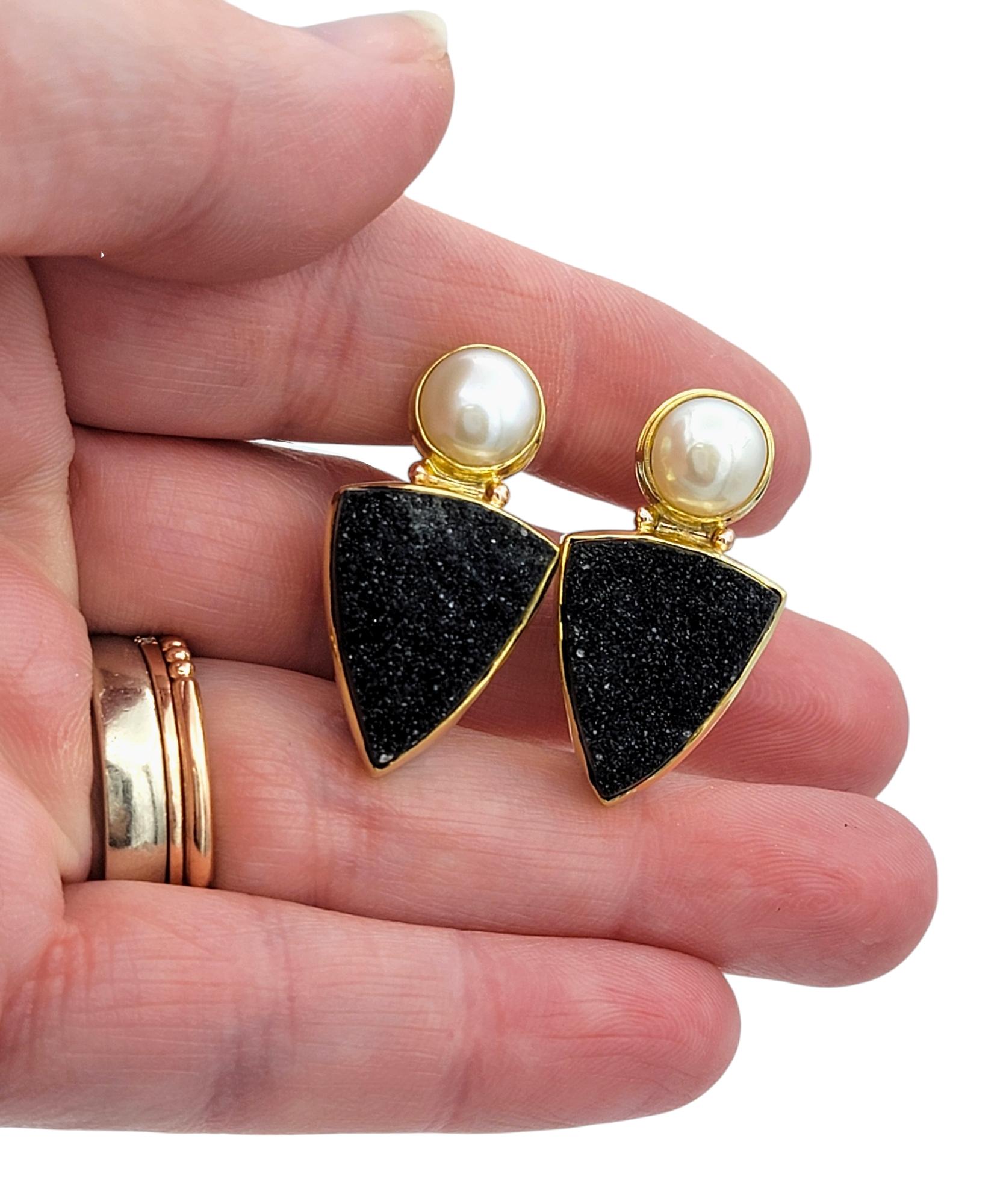 Craig Hagstrom Cultured Pearl and Black Druzy Agate Earrings in 18 Karat Gold For Sale 2