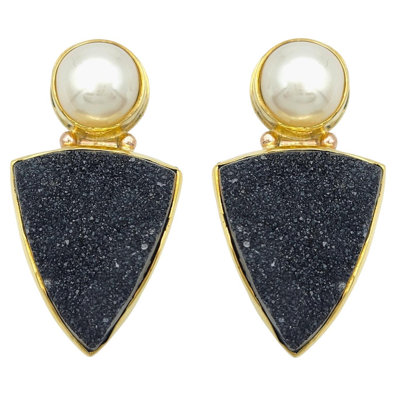 Craig Hagstrom Cultured Pearl and Black Druzy Agate Earrings in 18 Karat Gold For Sale