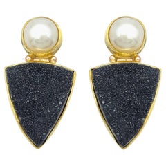 Craig Hagstrom Ohrringe aus 18 Karat Gold mit Zuchtperlen und schwarzem Druzy-Achat