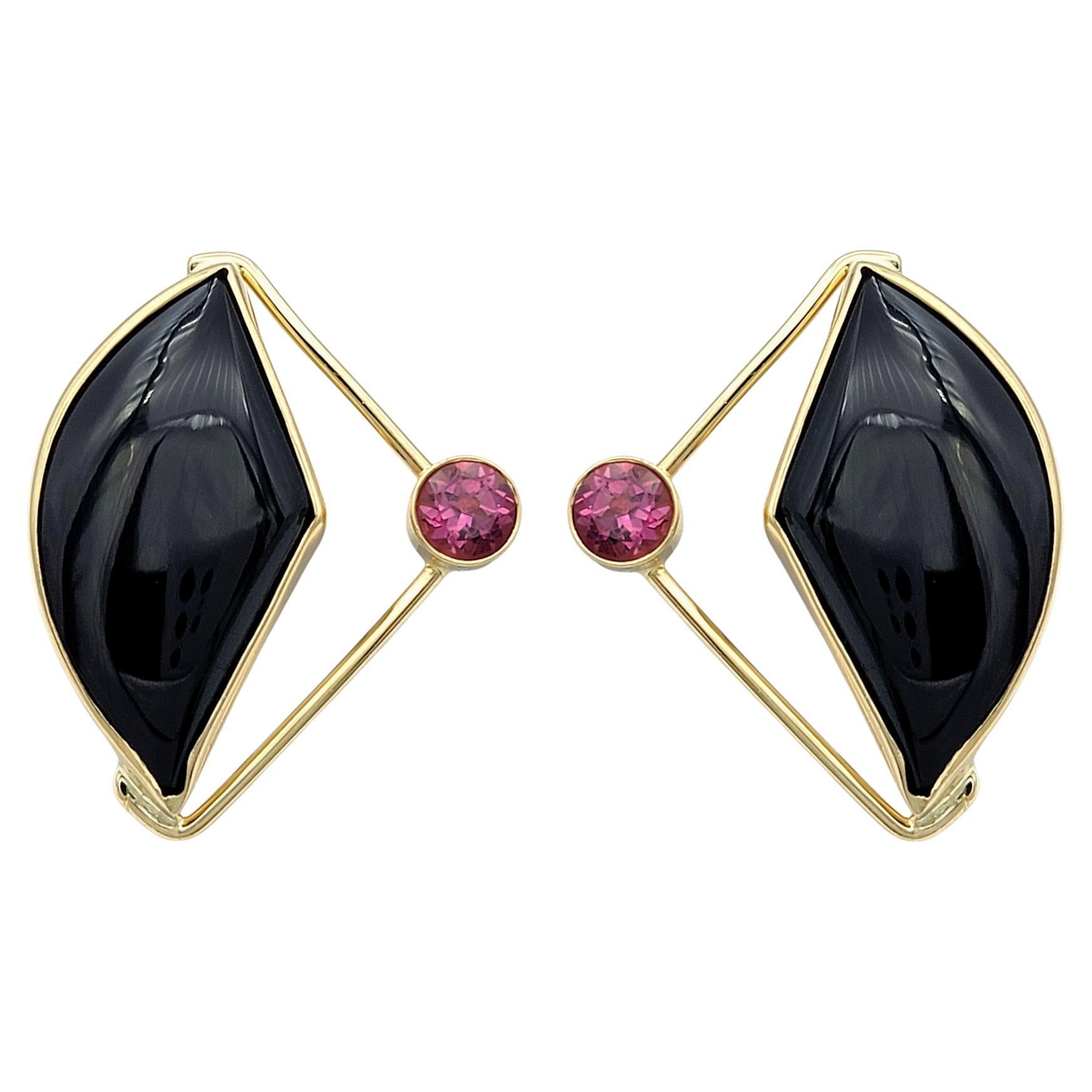 Craig Hagstrom Onyx and Pink Tourmaline Geometric Stud Earrings in 14 Karat Gold