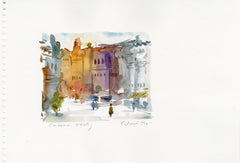 Aquarelle contemporaine paysage ville streer bâtiments personnage signé