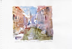 Paisaje contemporáneo acuarela puente canal italiano edificios cielo firmado