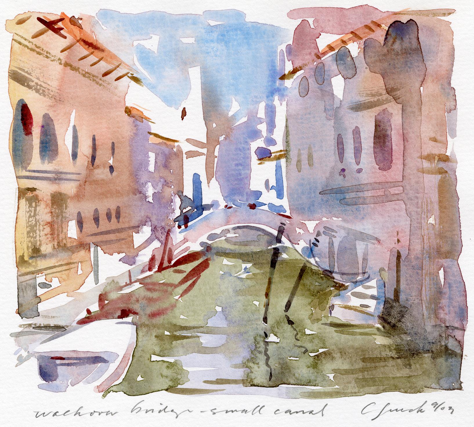 'Walkover Bridge - Small Canal' is an original watercolor by Craig Lueck. These petite watercolors that make up Lueck's portfolio serve as windows into the artist's world. Scenery from his travels to Colorado and Italy are beautifully recreated in