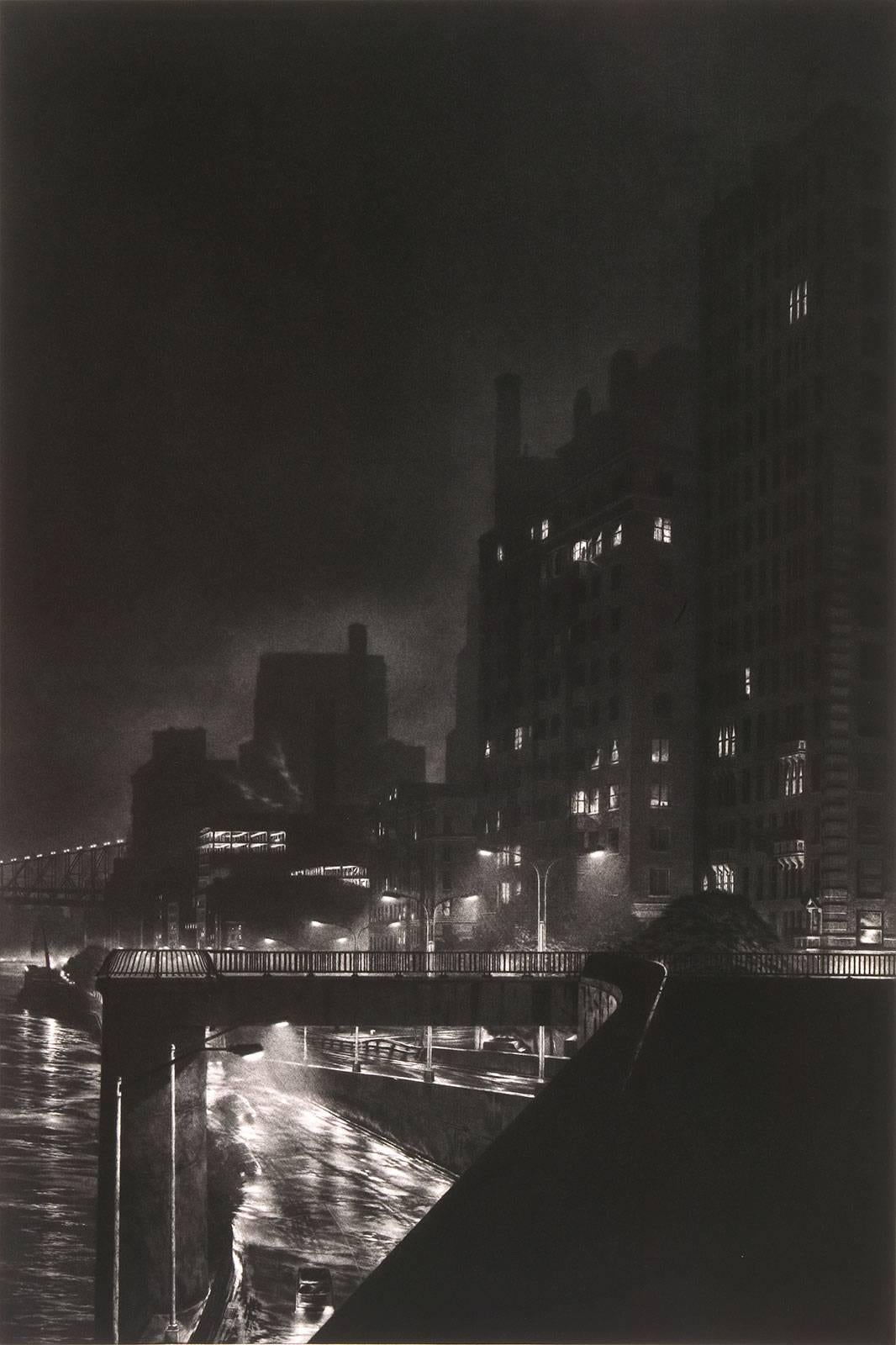 Craig McPherson Landscape Print - FDR Drive (NYC's East River Dr. with dramatic lights of tall buildings and cars)