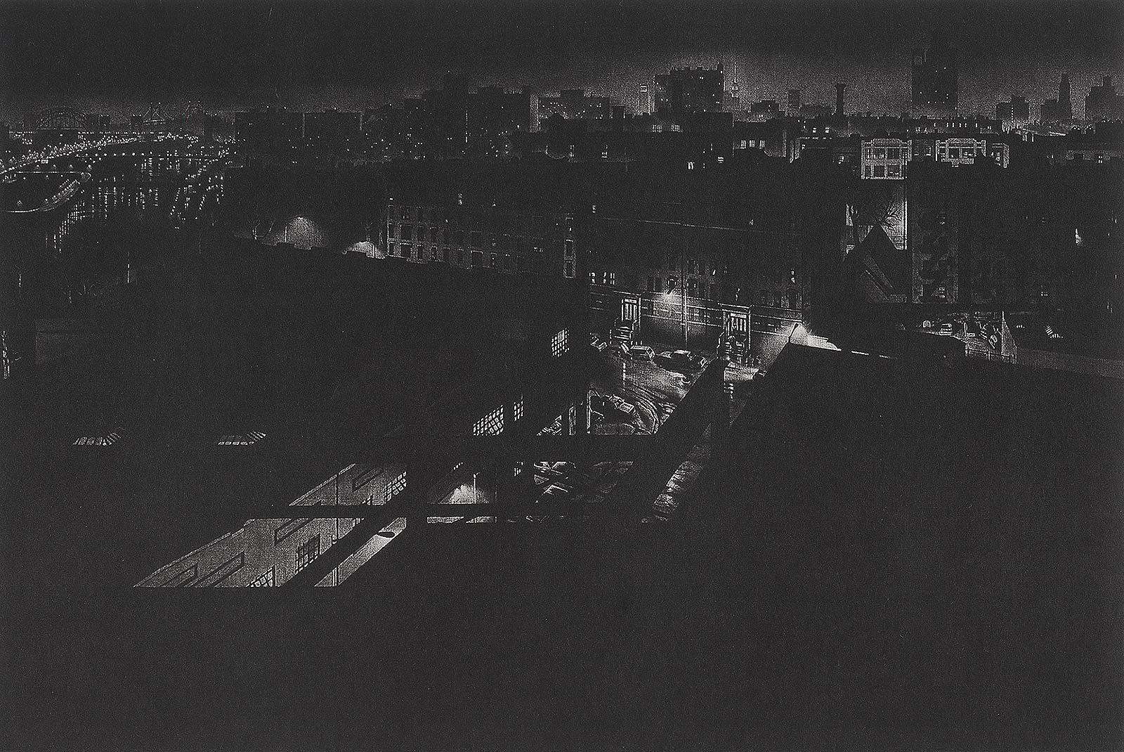 Print de Craig McPherson - Vigas (vista nocturna lluviosa del antiguo estudio del artista en Washington Heights