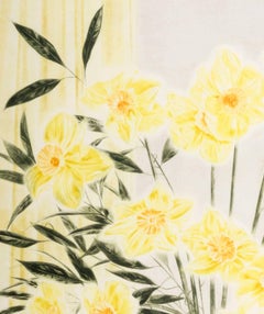 The Blue Vase (Large bouquet of yellow flowers in a high glaze blue vase)