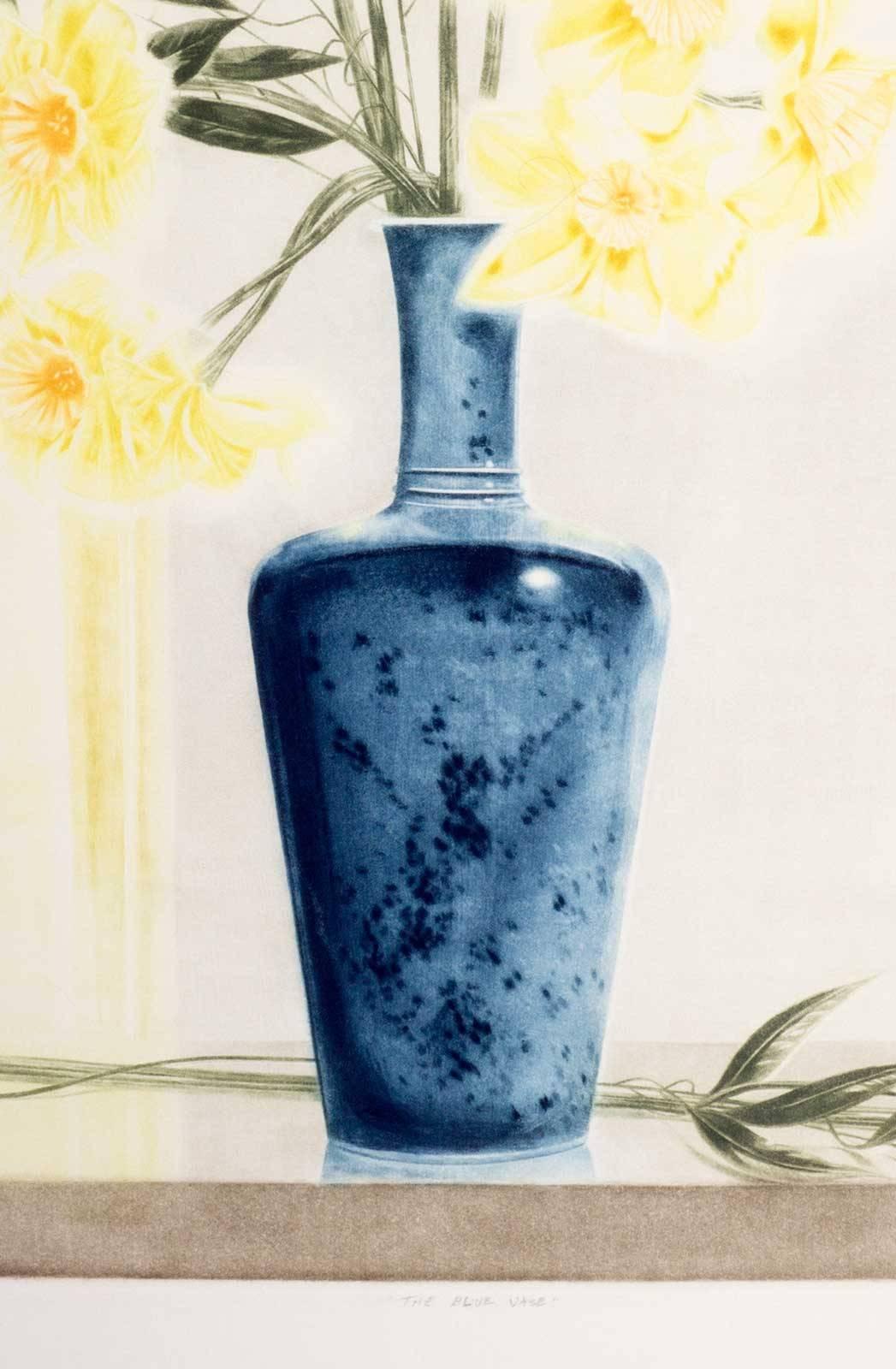 The Blue Vase (Large bouquet of yellow flowers in a high glaze blue vase) - Contemporary Print by Craig McPherson