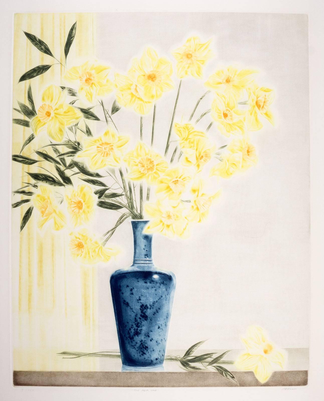 Craig McPherson Still-Life Print - The Blue Vase (Large bouquet of yellow flowers in a high glaze blue vase)