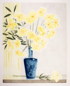 The Blue Vase (Large bouquet of yellow flowers in a high glaze blue vase)