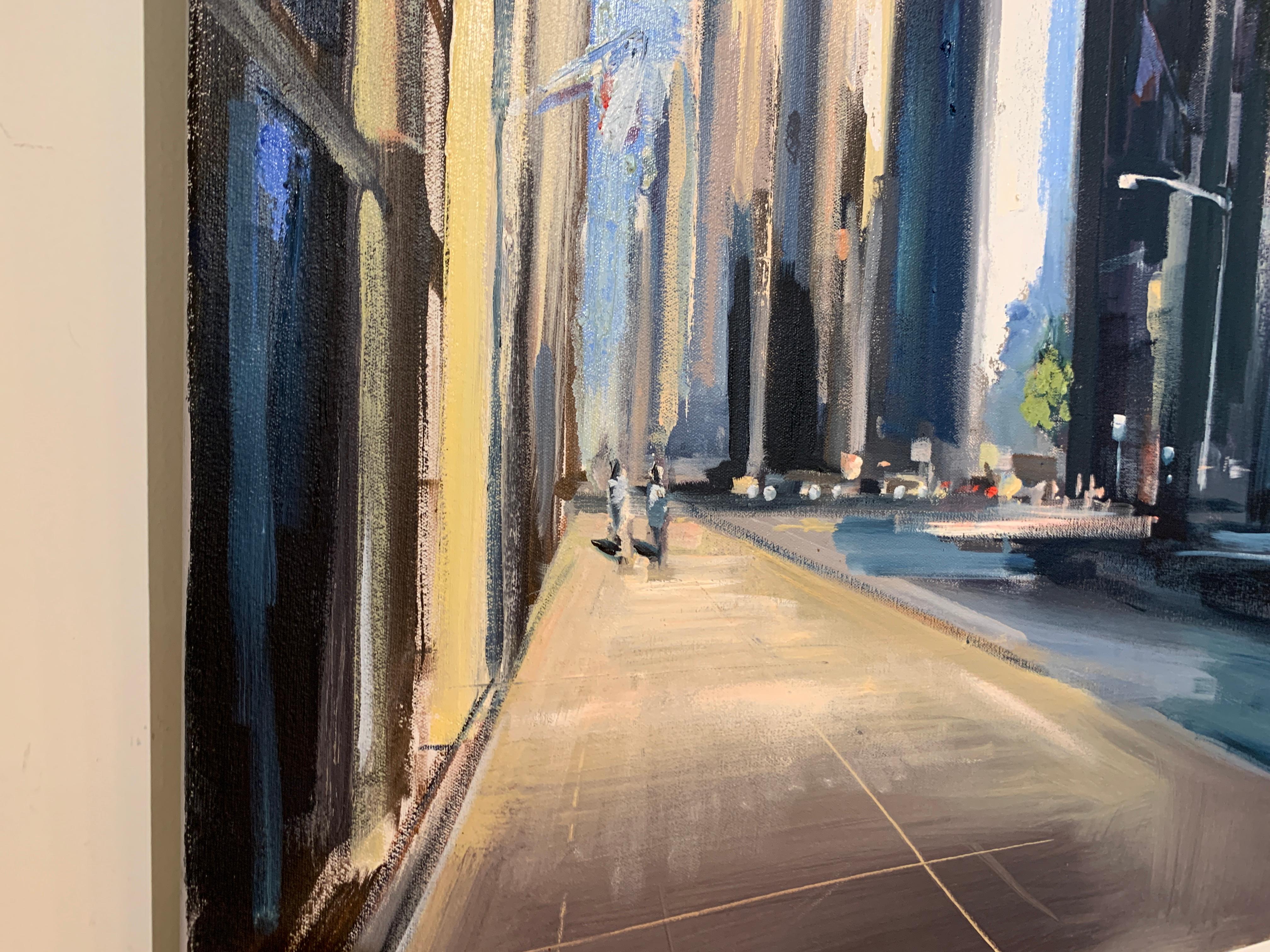 City Avenue, Square Representational Cityscape Oil Painting - Gray Landscape Painting by Craig Mooney