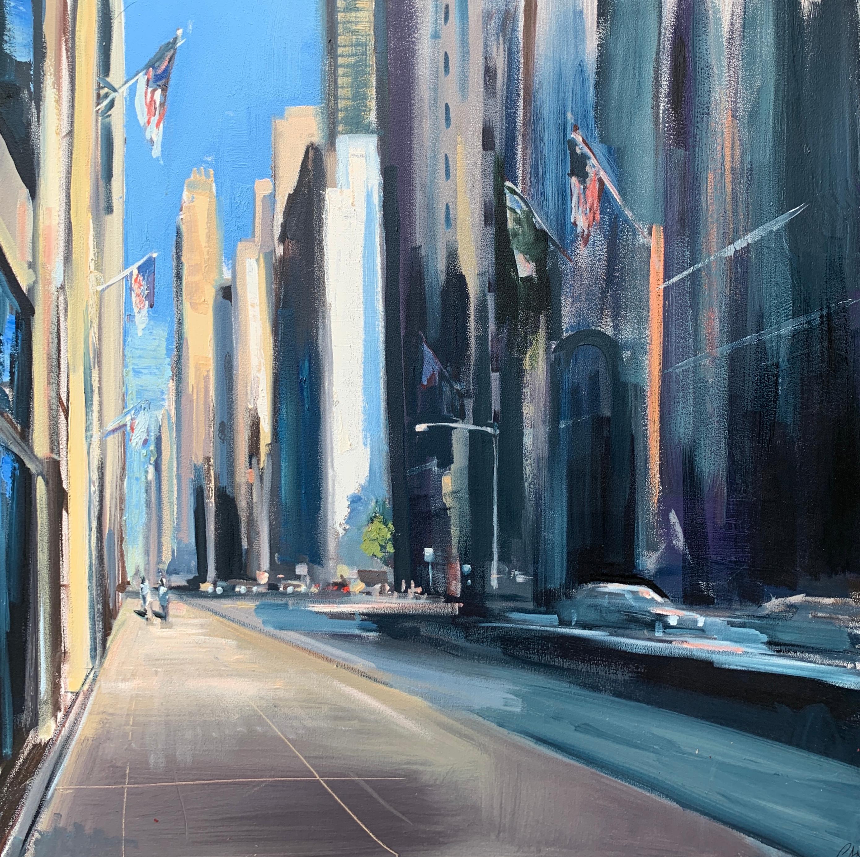 Craig Mooney Landscape Painting – City Avenue, Square Representational Cityscape Oil Painting