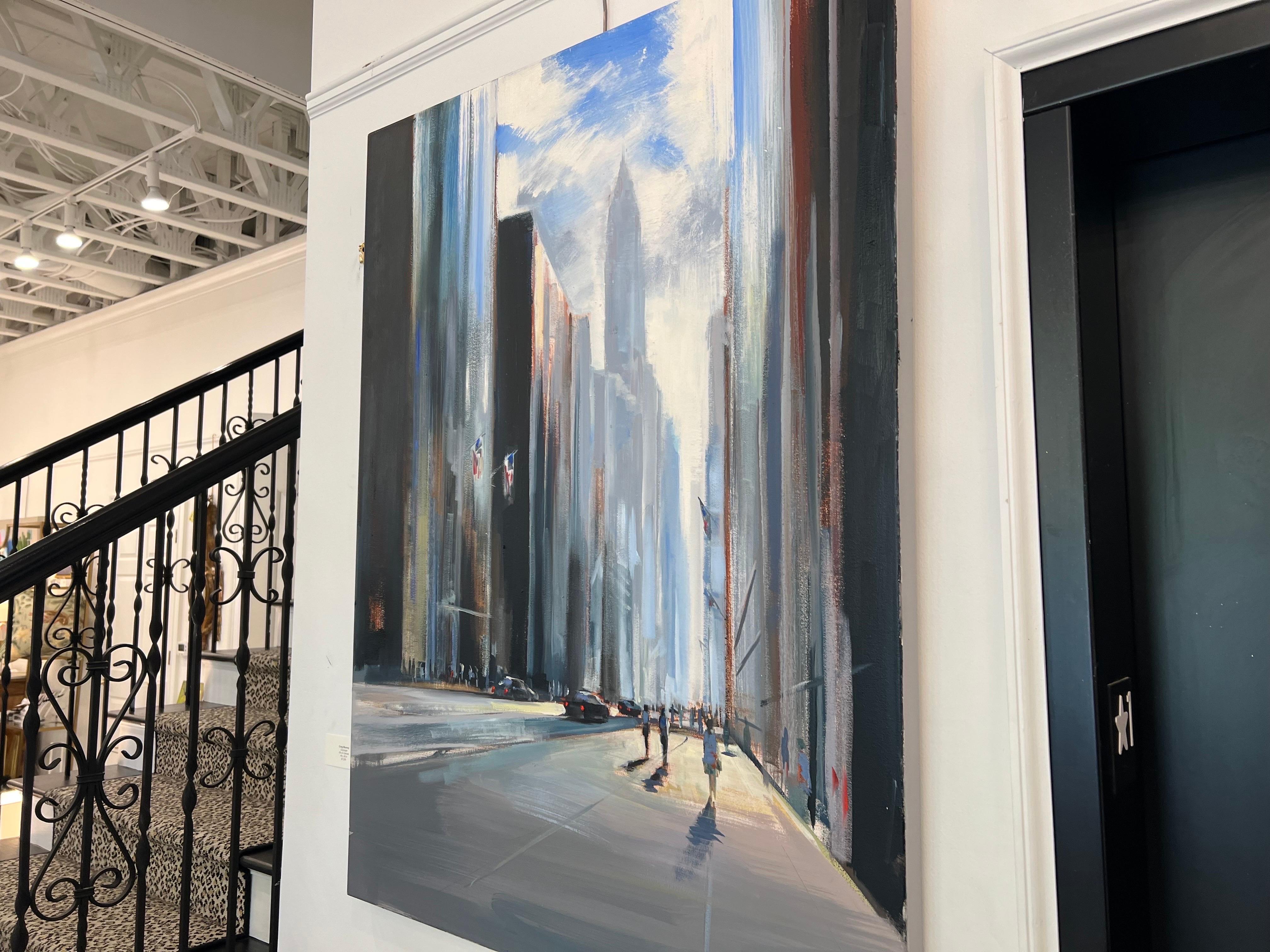 'Cityscape' is a large vertical representational oil on canvas painting of New York City created by American artist Craig Mooney in 2022. Featuring an exquisite palette mostly made of gray, blue and cream tones, accented with touches of red and