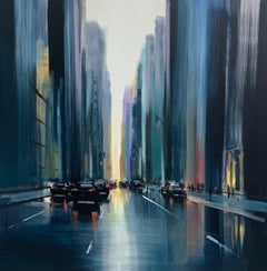 Craig Mooney, « City Light and Shadow », peinture à l'huile « City Light and Shadow », 46x46 Manhattan New York 