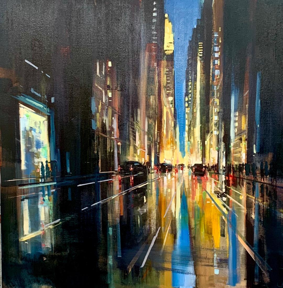 Craig Mooney's "City Sparkles" is a 46x46 oil painting on canvas of a Manhattan city street on a dark rainy night. He uses bright yellows for the light sources in high contrast with the deep blue navy shades, drawing attention to the focal point of