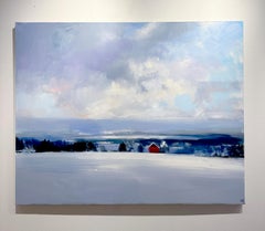 Craig Mooney, "Cool Horizon", 48x60, peinture à l'huile d'un paysage de montagne et de grange en hiver.