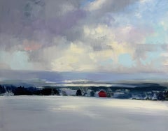 Craig Mooney, "Cool Horizon", 48x60, peinture à l'huile d'un paysage de montagne et de grange en hiver.