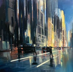 Craig Mooney, « Crosstown Lights », huile sur toile, paysage urbain de Manhattan de 48 x 48 cm