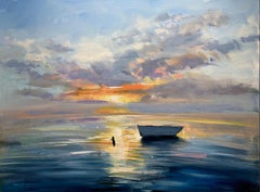 Craig Mooney, "Day's End" 36x48 Sunset Dory Boat Seascape Oil Painting on Canvas