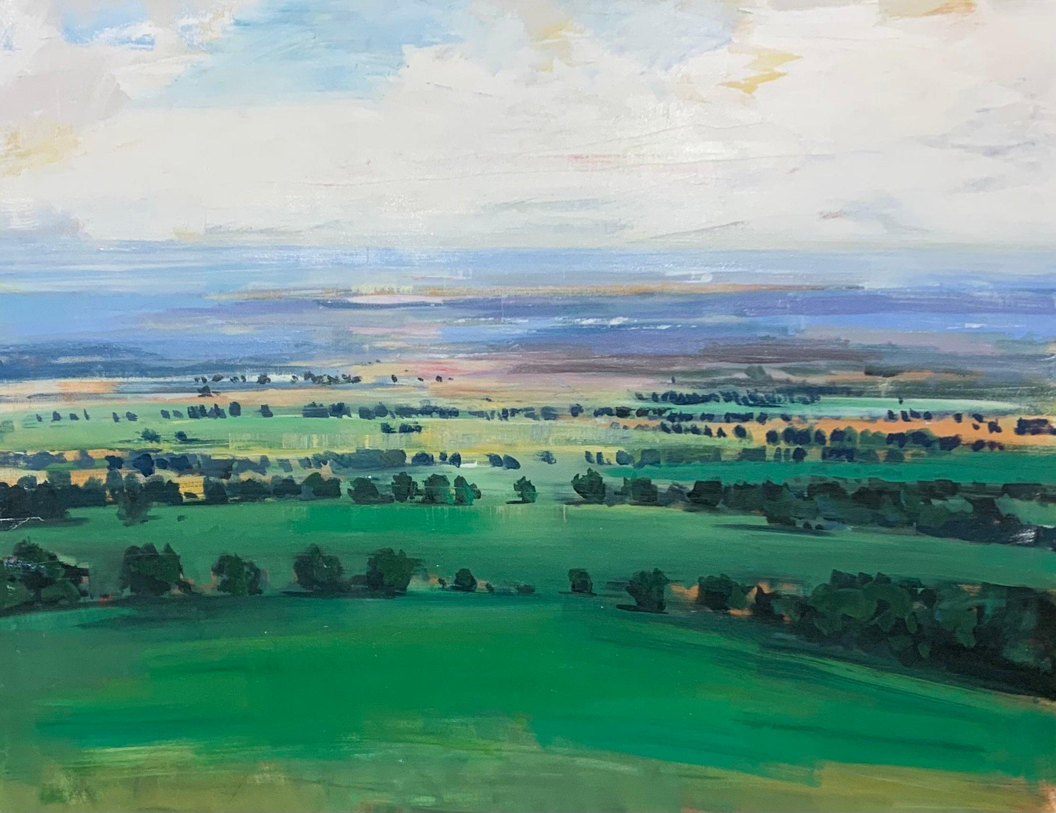 This dreamlike piece, "Fair Afield, is a 46x60 oil painting on canvas by artist Craig Mooney depicting a rolling rural green landscape in the afternoon hours. Lifting clouds reveal a mountainous landscape in the distance shrouded in mist and