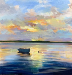Craig Mooney, « Last Light », peinture sur toile de paysage de bateaux en forme de dauphin au coucher de soleil, 91 x 91 cm