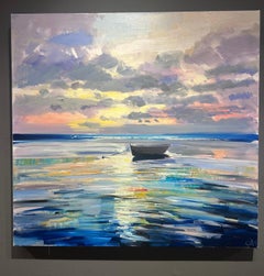Craig Mooney, "Low Tide Light" 40x40 Sunset Dory Seascape Oil Painting on Canvas