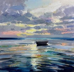 Craig Mooney, "Low Tide Light" 40x40 Sunset Dory Seascape Oil Painting on Canvas