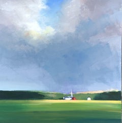 Craig Mooney, "Open Sky" 38x38 Green Landscape Red Barn Painting on Canvas